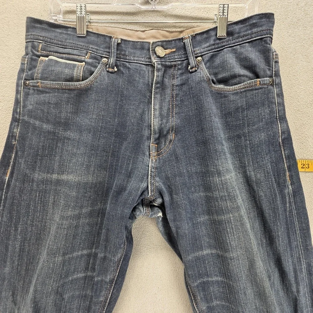 Selvedge Jeans Mens Blue SPAO Medium Wash‎ Zip Fly Whiskers Tapered Fits 32x30